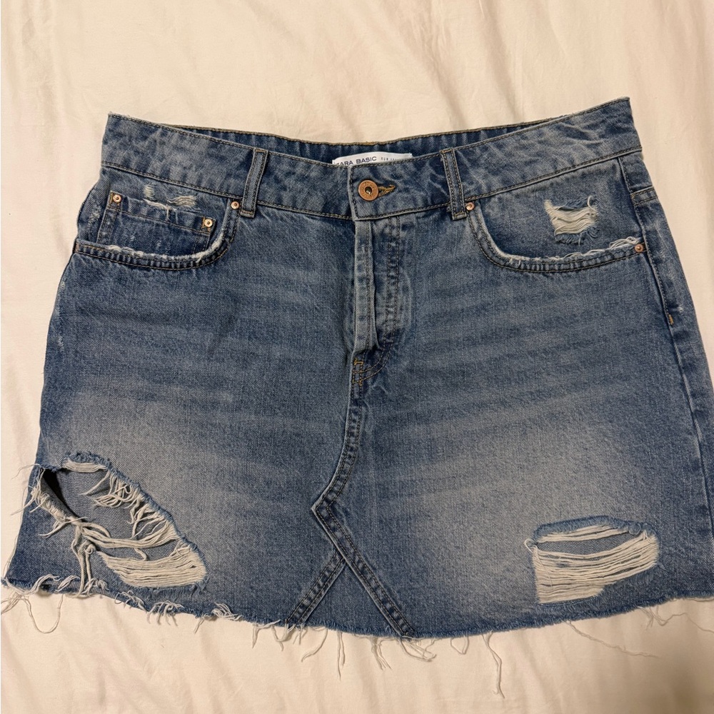Zara Distressed Denim Mini Skirt - Blue